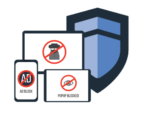 A shield alongside phone and tablet screens with blocked ad slots
